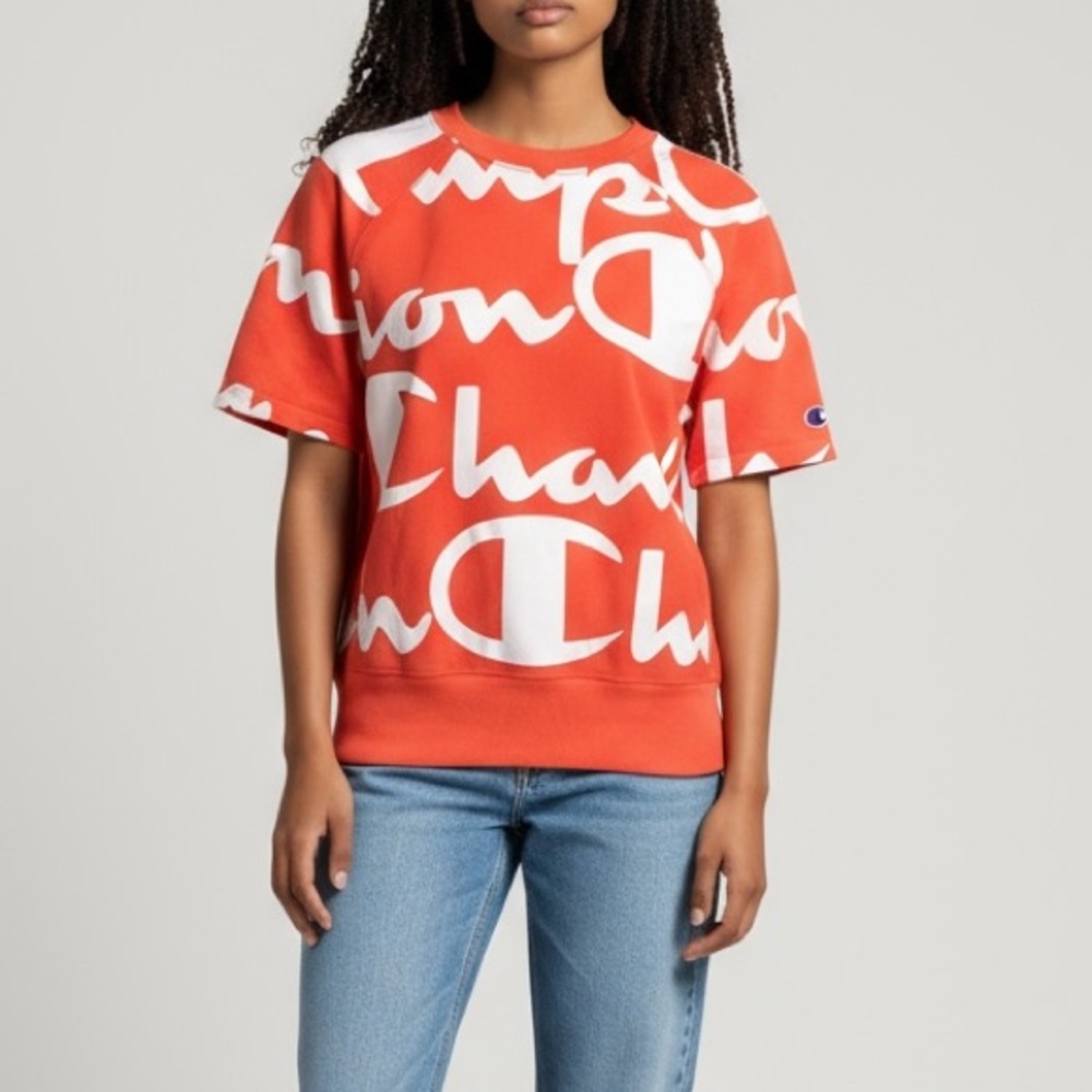 CHAMPION Reverse Weave Short Sleeve Allover Logo Crew Neck Size S